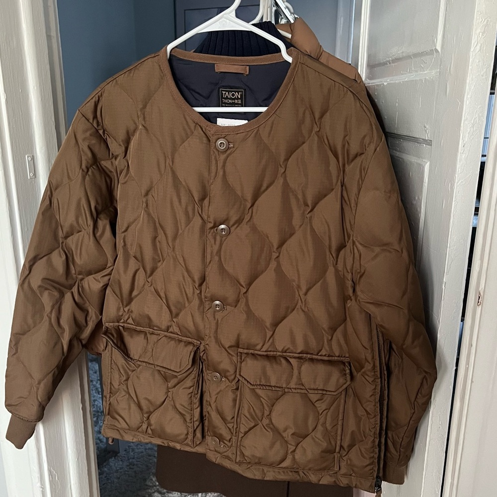 TAION Unisex Military Crew Neck Cardigan in Light Brown